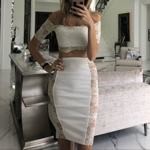 White lace 2 piece set- midi with cropped shirt